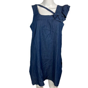 Voom Joy Han Dress Womens Sz L Blue Cotton Denim Sleeveless Shift Ruffle